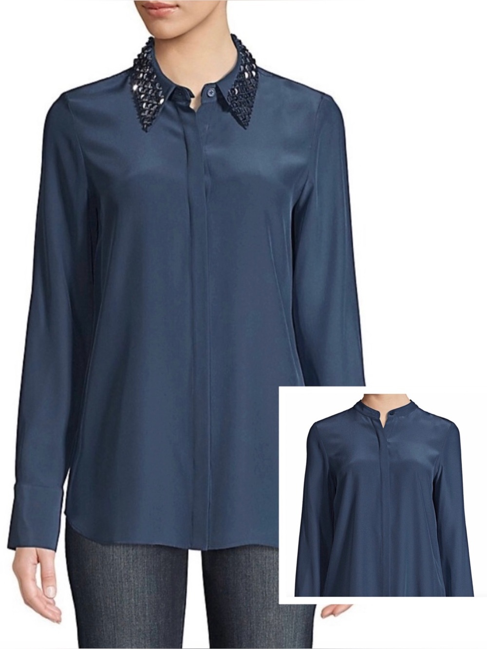 LAFAYETTE 148 NEW YORK Julianne Embellished Removable Collar 100% Silk Blouse L